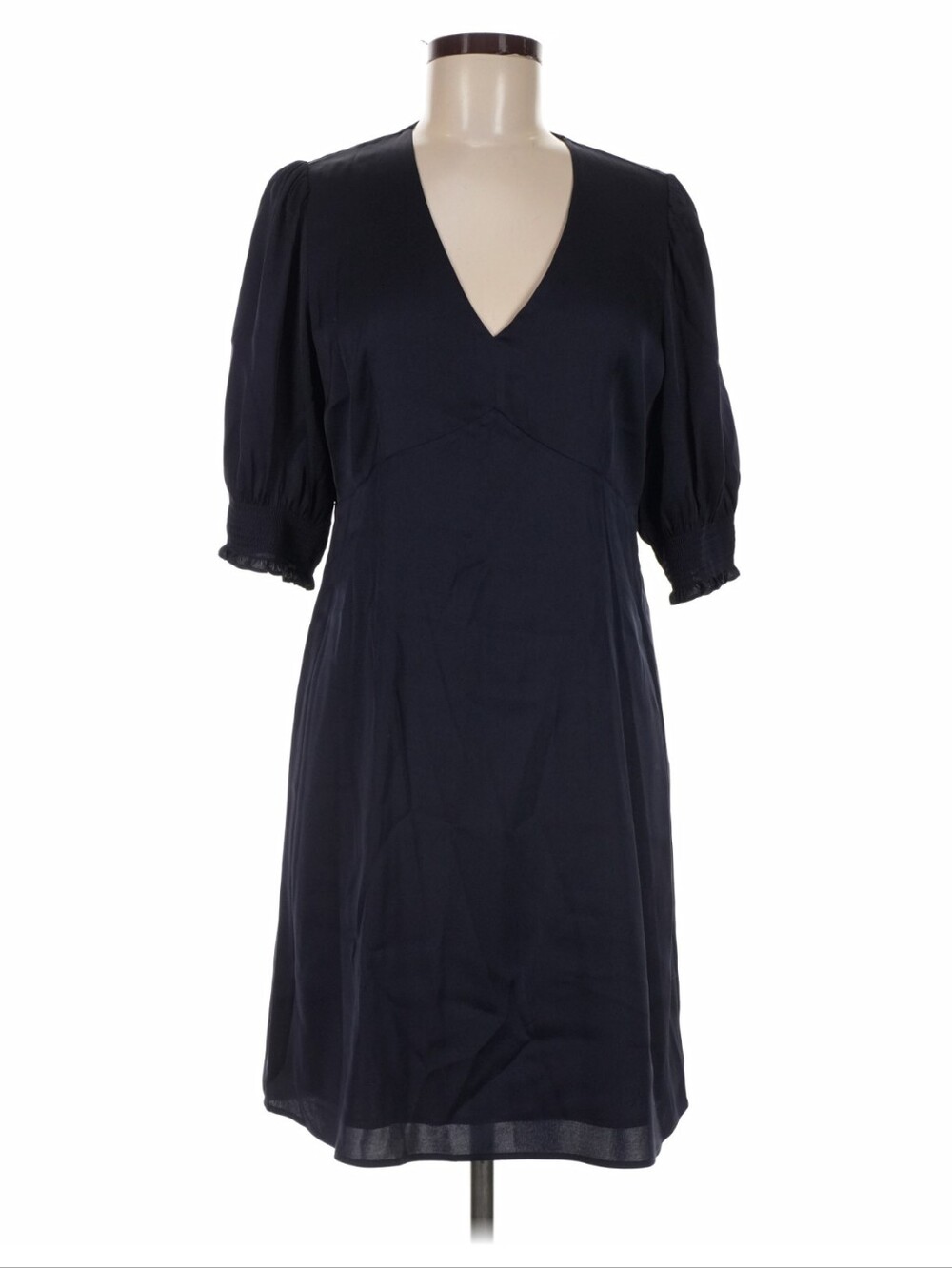 Quince Stretch Silk Puff Sleeve Mini Dress Navy Blue M Washable